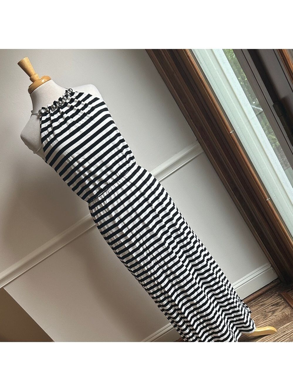 White House Black Market Maxi Dress Black White Stripes silver balls collar EUC